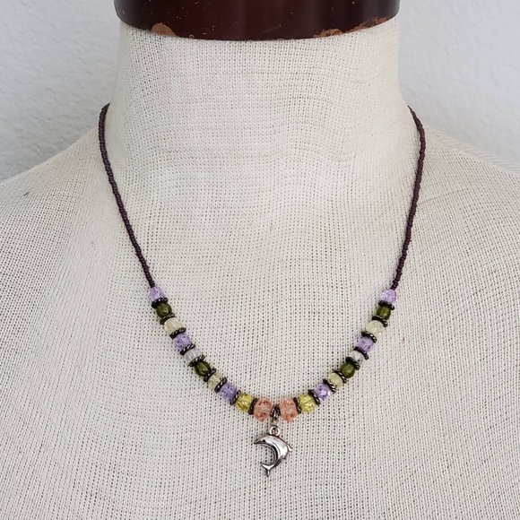 Colorful Glass Bead and Silver Dolphin Necklace - Picture 3 of 4
